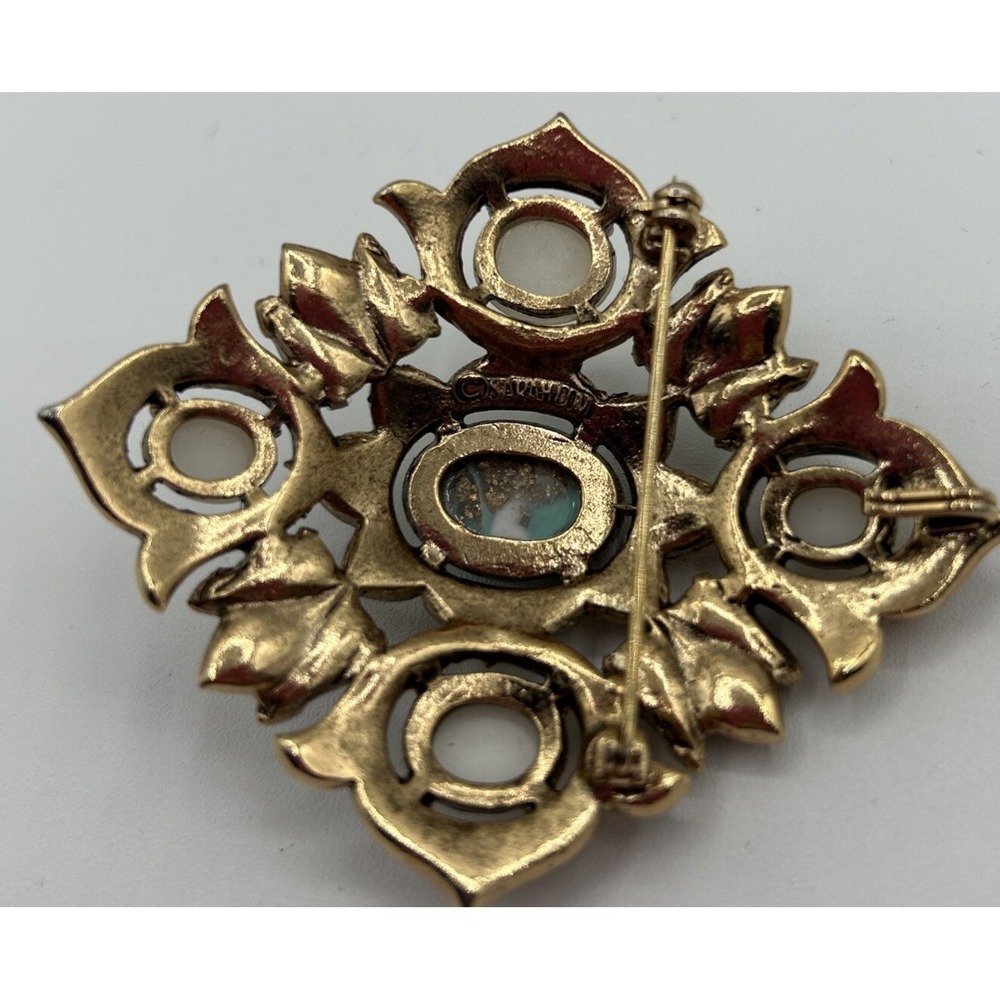 Vintage Sarah Coventry Faux Turquoise Faux Pearl Brooch Pin Pendant Gold Tone - Picture 2 of 2